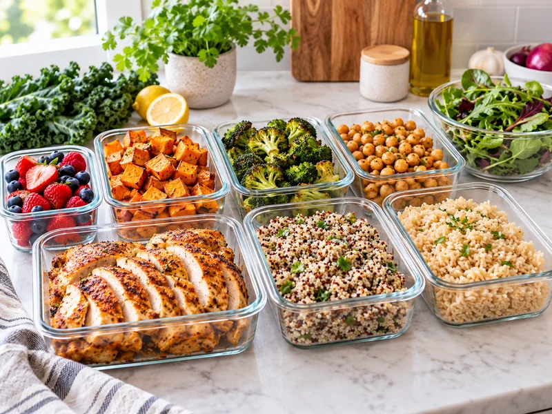 Colorful weekend meal prep ingredients arranged in glass containers on a bright kitchen counter