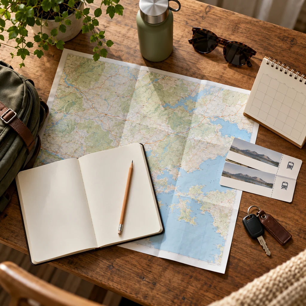 Weekend trip planning table with map, notebook, tickets, and keys