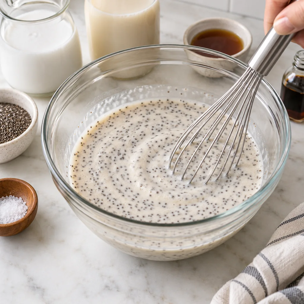 Coconut milk, oat milk and chia seeds being whisked in a glass bowl