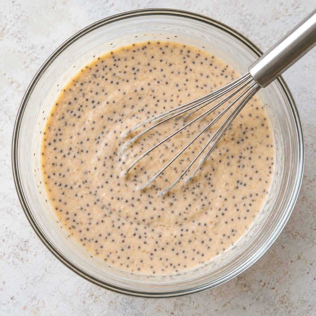 Chia seeds whisked evenly into peach coconut mixture in a glass bowl