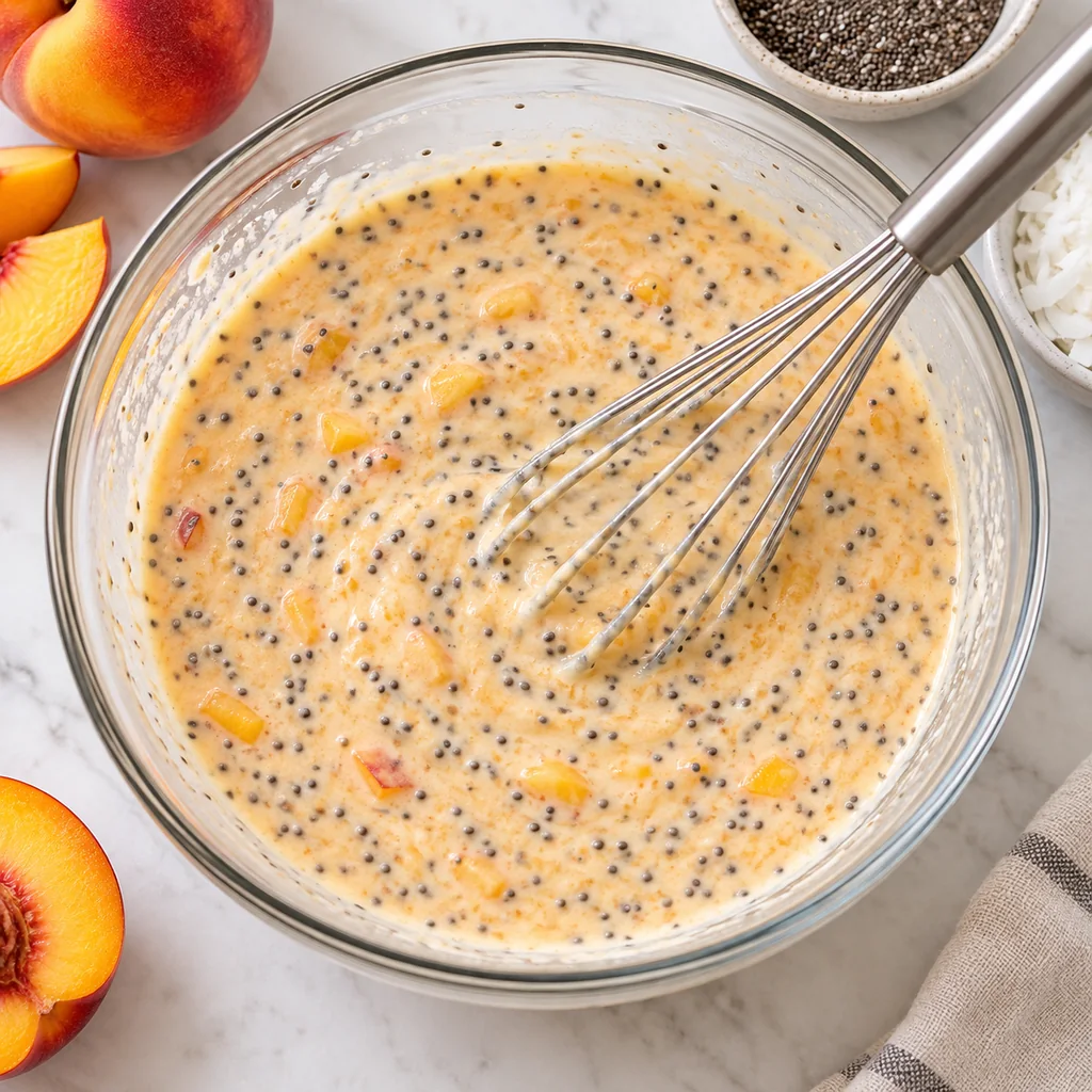 Chia seeds whisked into a creamy peach coconut mixture in a glass bowl