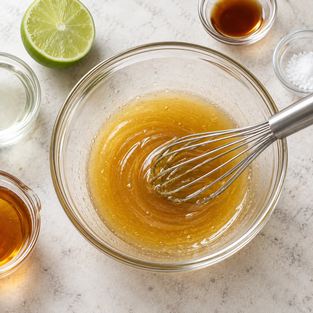 Coconut oil, maple syrup, lime and vanilla glaze being whisked in a bowl