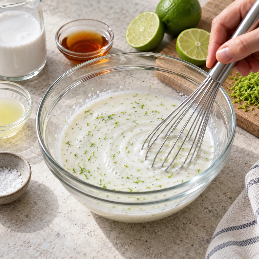 Coconut milk, maple syrup, lime juice, zest and salt being whisked in a glass bowl