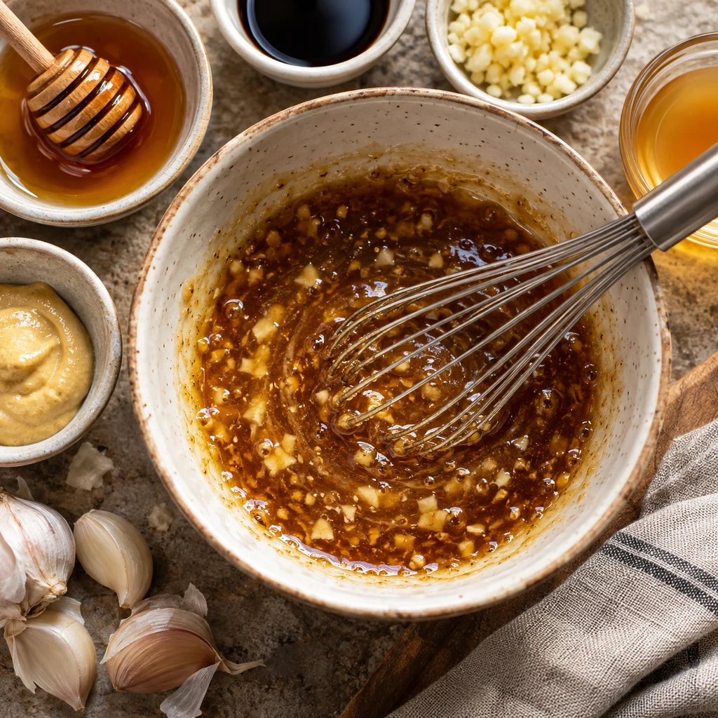 Honey, soy sauce, garlic, Dijon and vinegar whisked into a glossy sauce