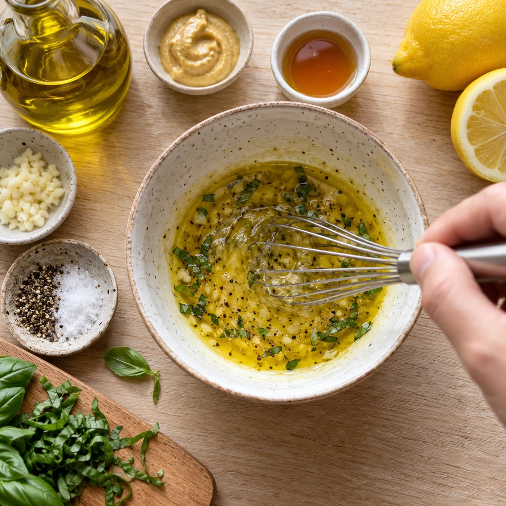 Lemon Dijon basil vinaigrette being whisked in a small ceramic bowl