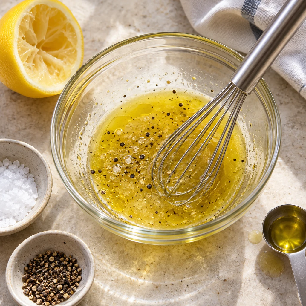Lemon juice, olive oil, salt and black pepper whisked in a glass bowl