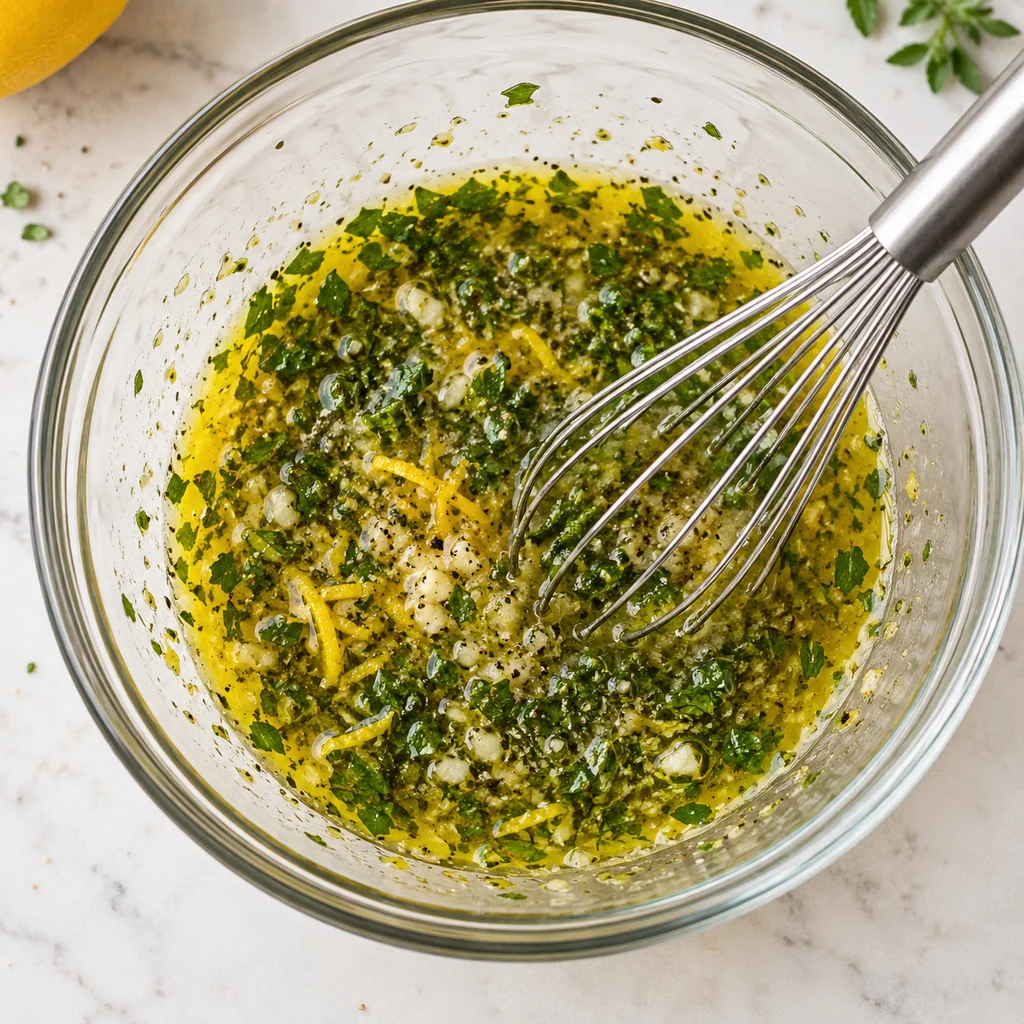 Olive oil, lemon, garlic, parsley and oregano marinade being whisked in a glass bowl