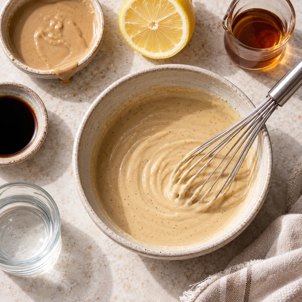 Creamy lemon tahini dressing in a ceramic bowl with a whisk, lemon, maple syrup and tamari nearby