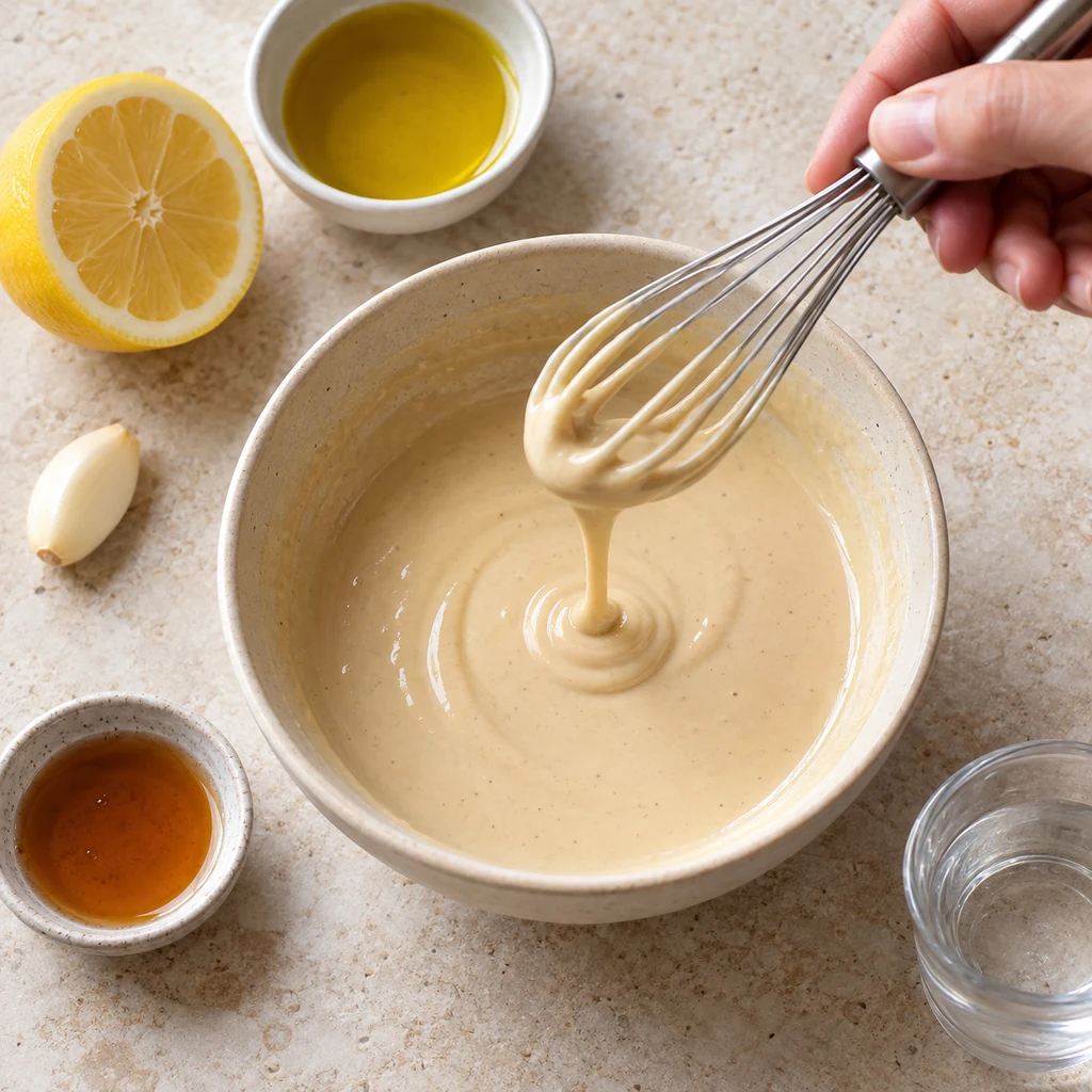 Smooth lemon-tahini dressing being whisked in a small bowl with lemon, garlic and olive oil nearby