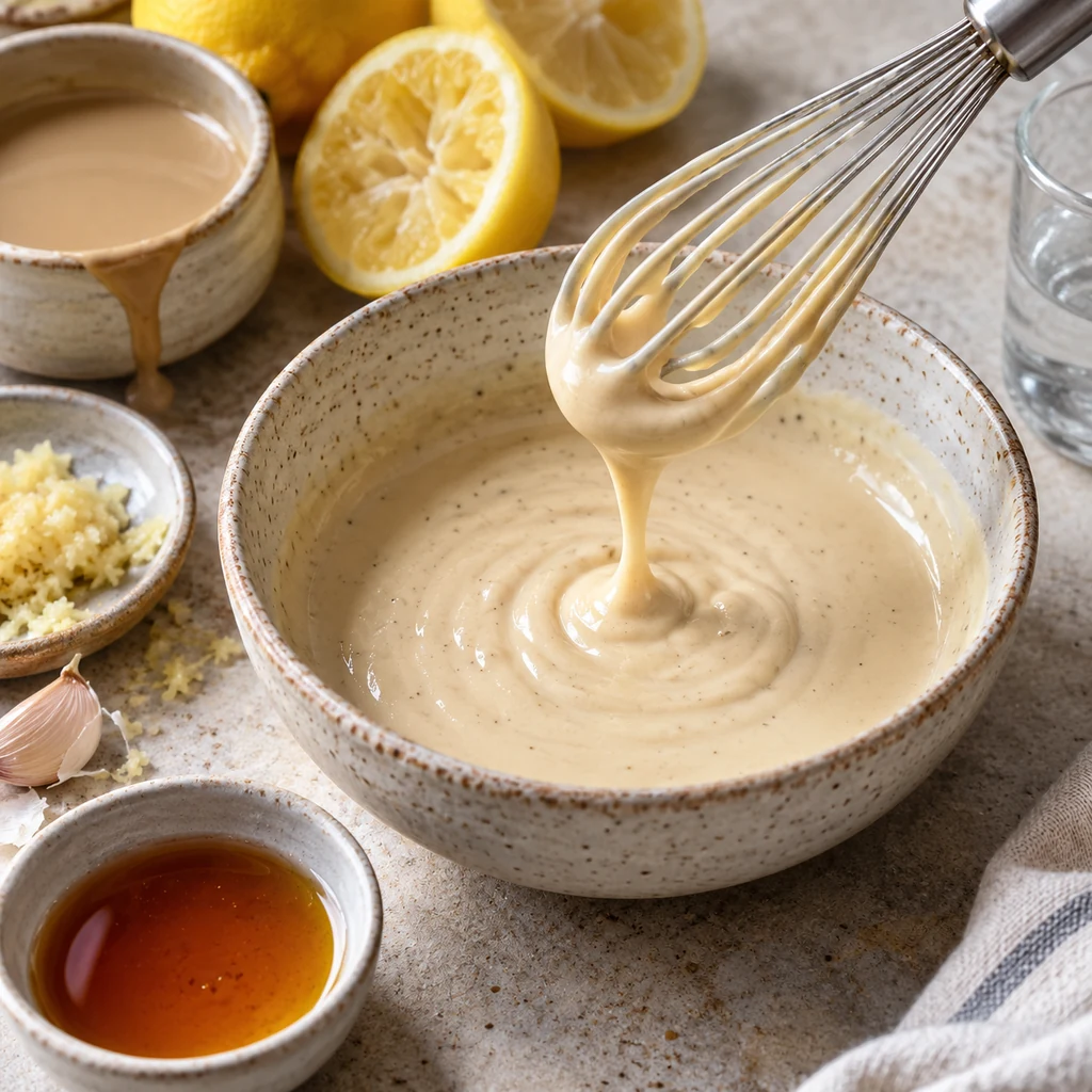 Creamy lemon tahini dressing being whisked in a ceramic bowl