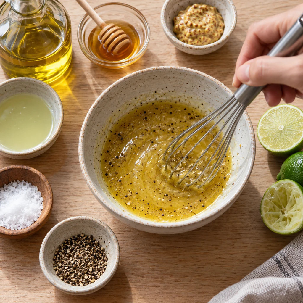 Lime honey Dijon vinaigrette being whisked in a ceramic bowl