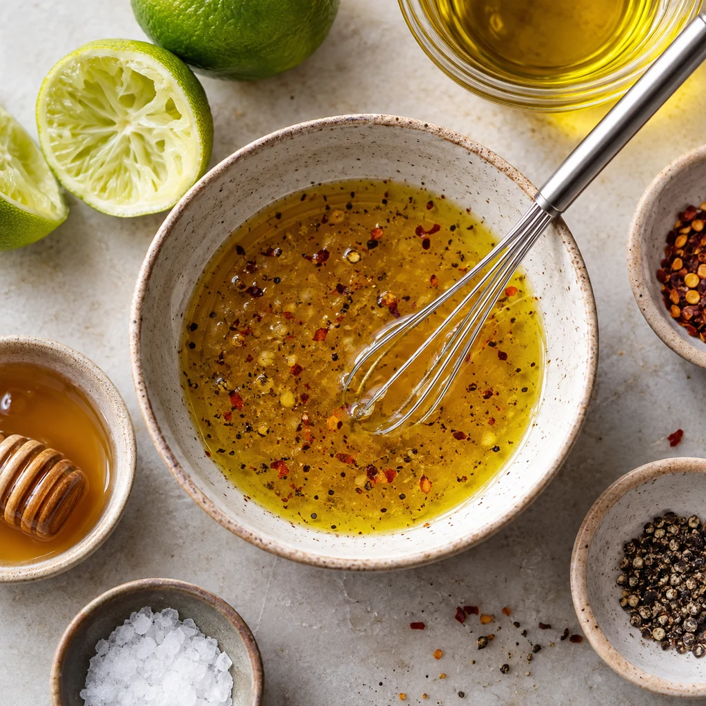 Lime vinaigrette with olive oil, honey, red pepper flakes, salt and black pepper in a ceramic bowl