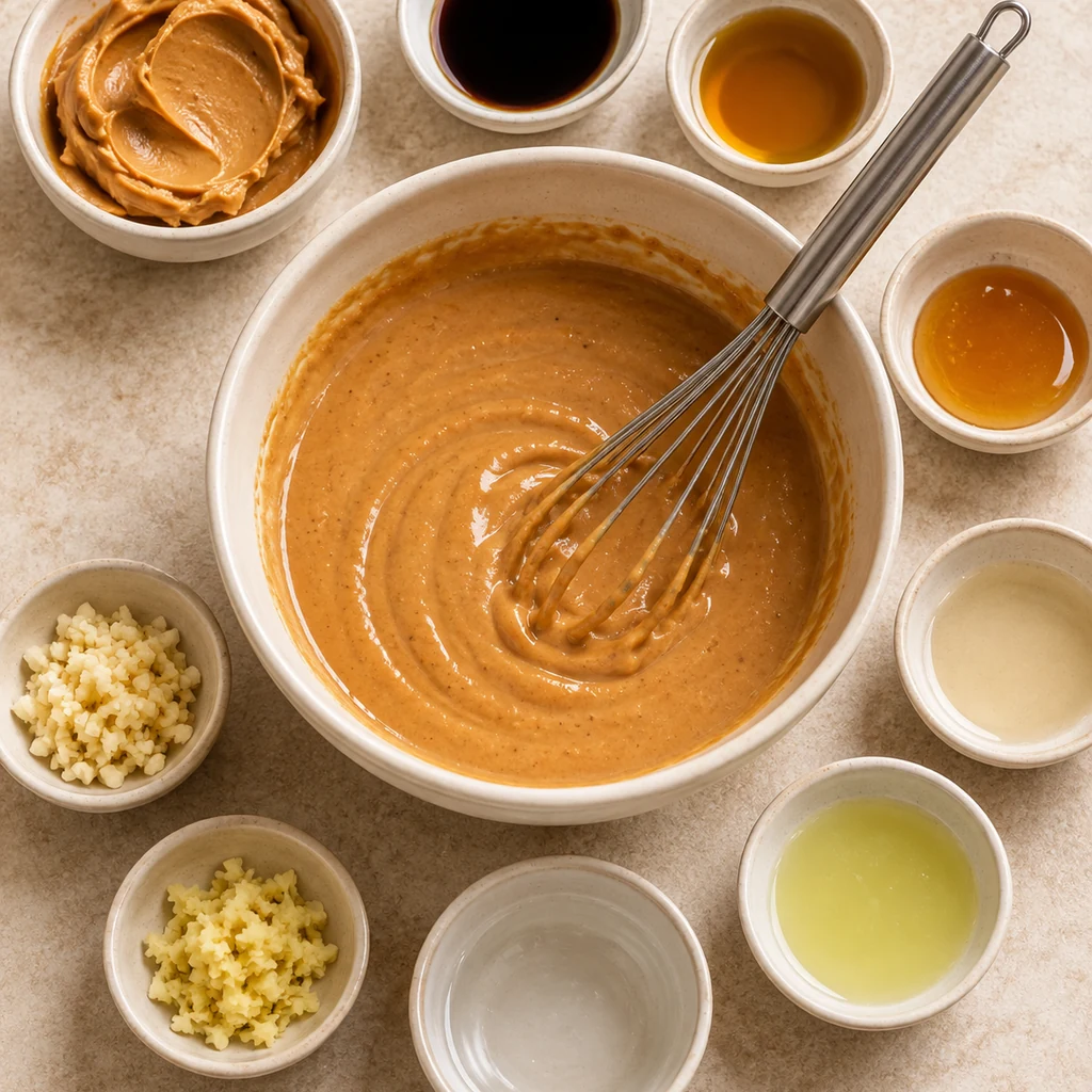 Smooth tan peanut sauce in a small bowl with a whisk and sauce ingredients nearby