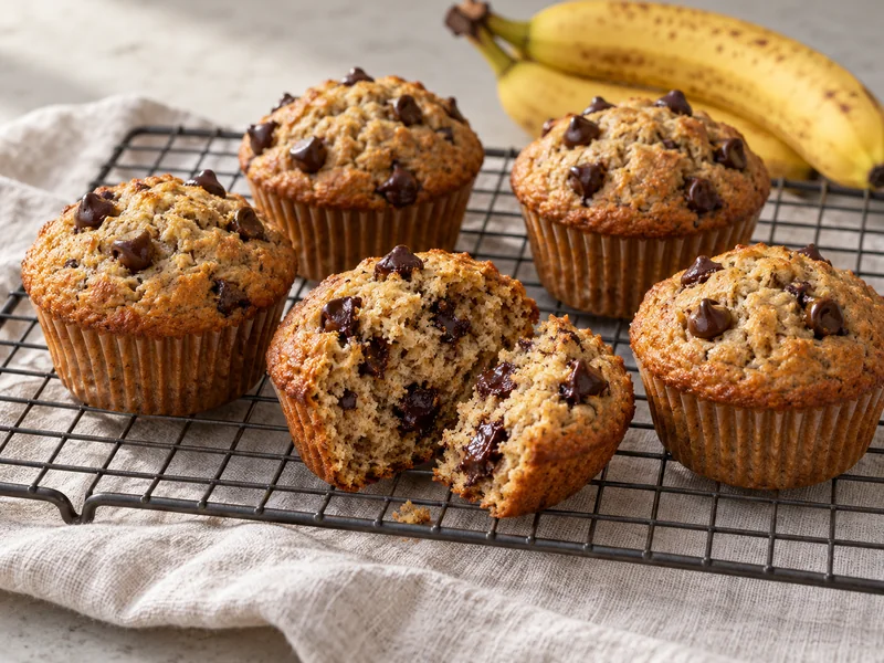 Finished whole wheat banana muffins with dark chocolate chips on a cooling rack