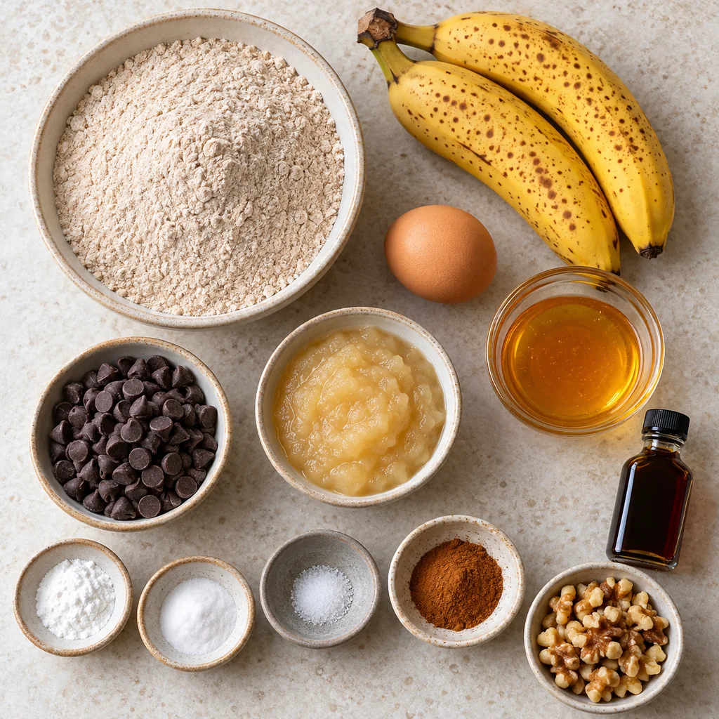 Whole wheat flour, ripe bananas, egg, honey, applesauce, chocolate chips and baking ingredients arranged separately