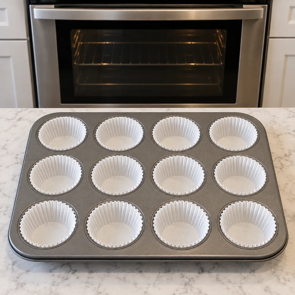 Empty twelve-cup muffin tin lined with paper liners before banana muffin batter is added