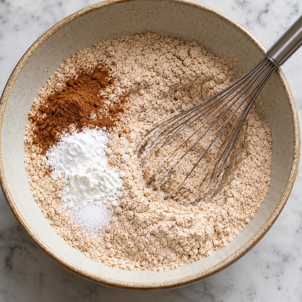 Whole wheat flour, leaveners, salt and cinnamon being whisked together in one bowl