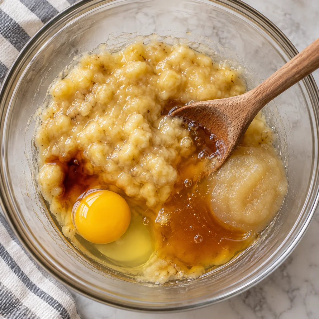 Mashed ripe bananas, egg, honey, applesauce and vanilla in a separate mixing bowl