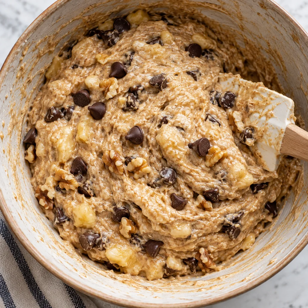 Thick whole wheat banana muffin batter folded with dark chocolate chips in a mixing bowl