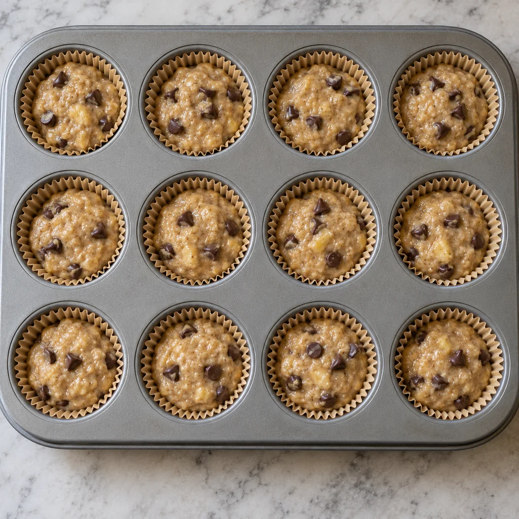 Lined muffin tin cups filled about two-thirds with uncooked banana chocolate chip batter