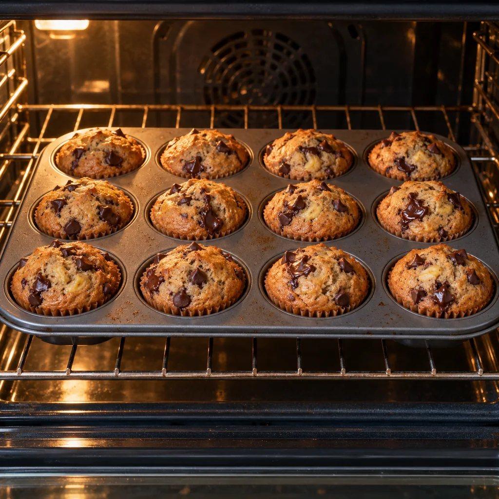 Golden whole wheat banana chocolate chip muffins rising in a muffin tin inside an oven