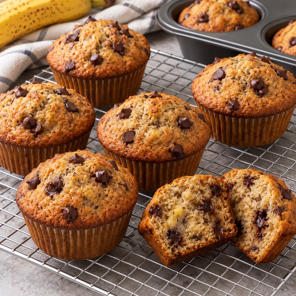 Baked banana dark chocolate chip muffins cooling on a wire rack beside their muffin tin