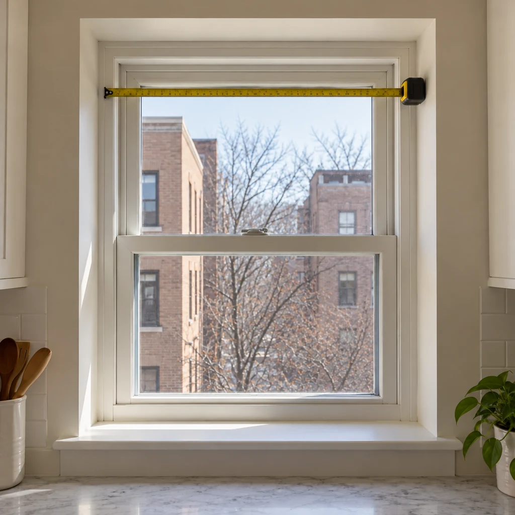 Tape measure stretched between the inner jambs of a recessed kitchen window