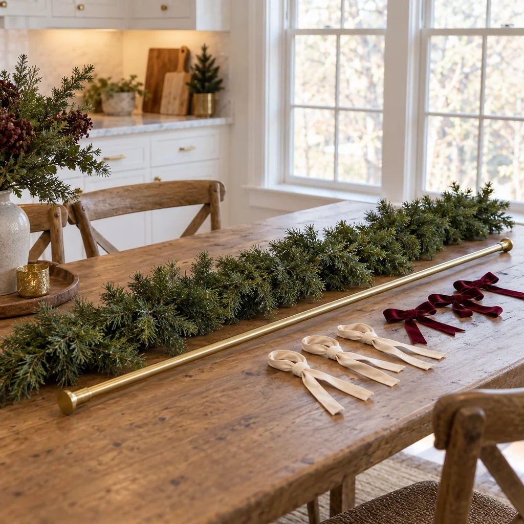 Light faux evergreen garland, brass tension rod, fabric ties and burgundy bows laid out on a table