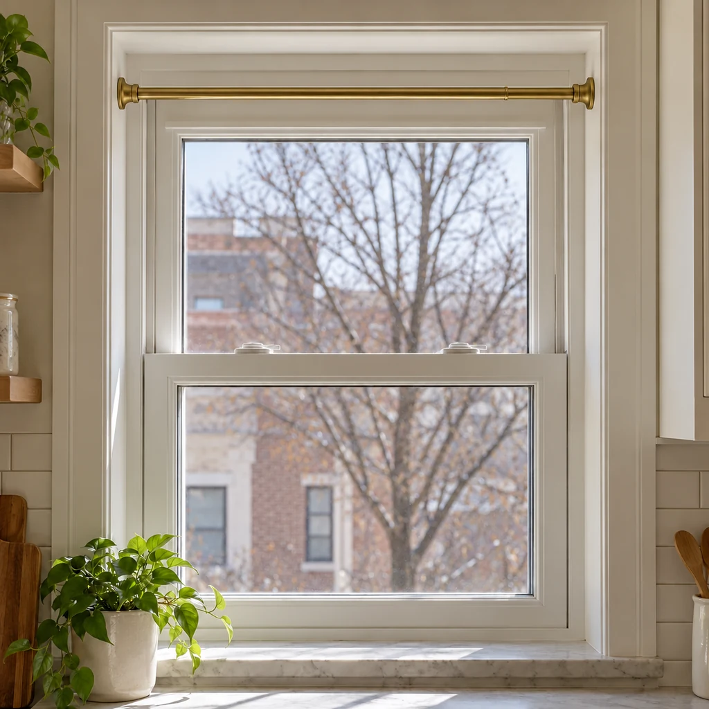 Bare brass tension rod fitted level across solid inner window jambs