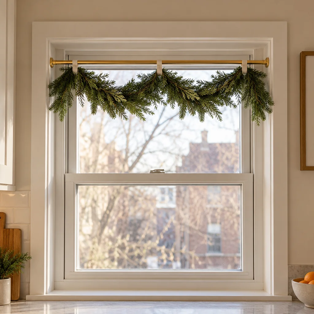 Evergreen garland supported by three cream fabric loops on a window tension rod