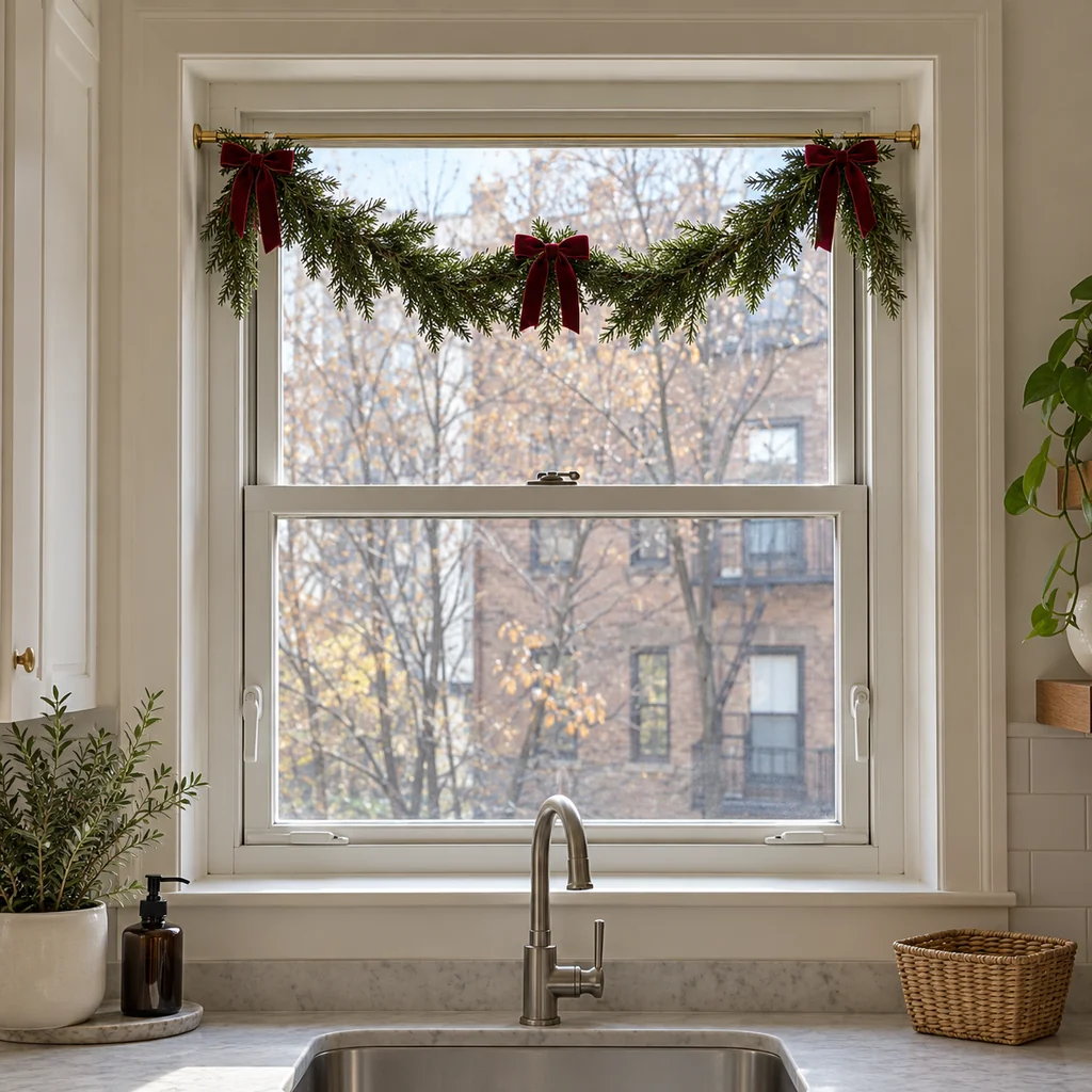 Finished lightweight Christmas garland with burgundy bows across a window, leaving latch and sash accessible