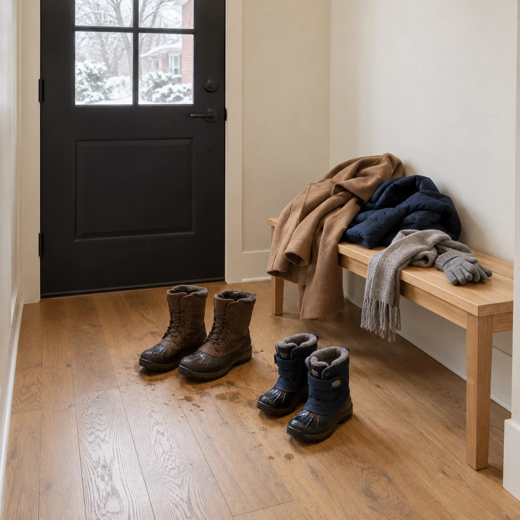 Narrow winter entryway before organizing, with boots on the floor and coats on a slim bench