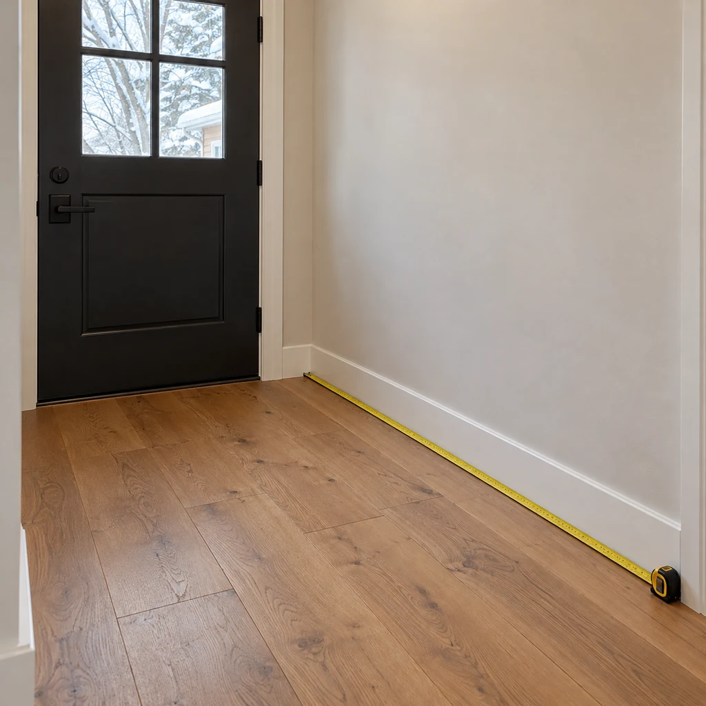 Cleared narrow entryway with a yellow tape measure extended along the baseboard