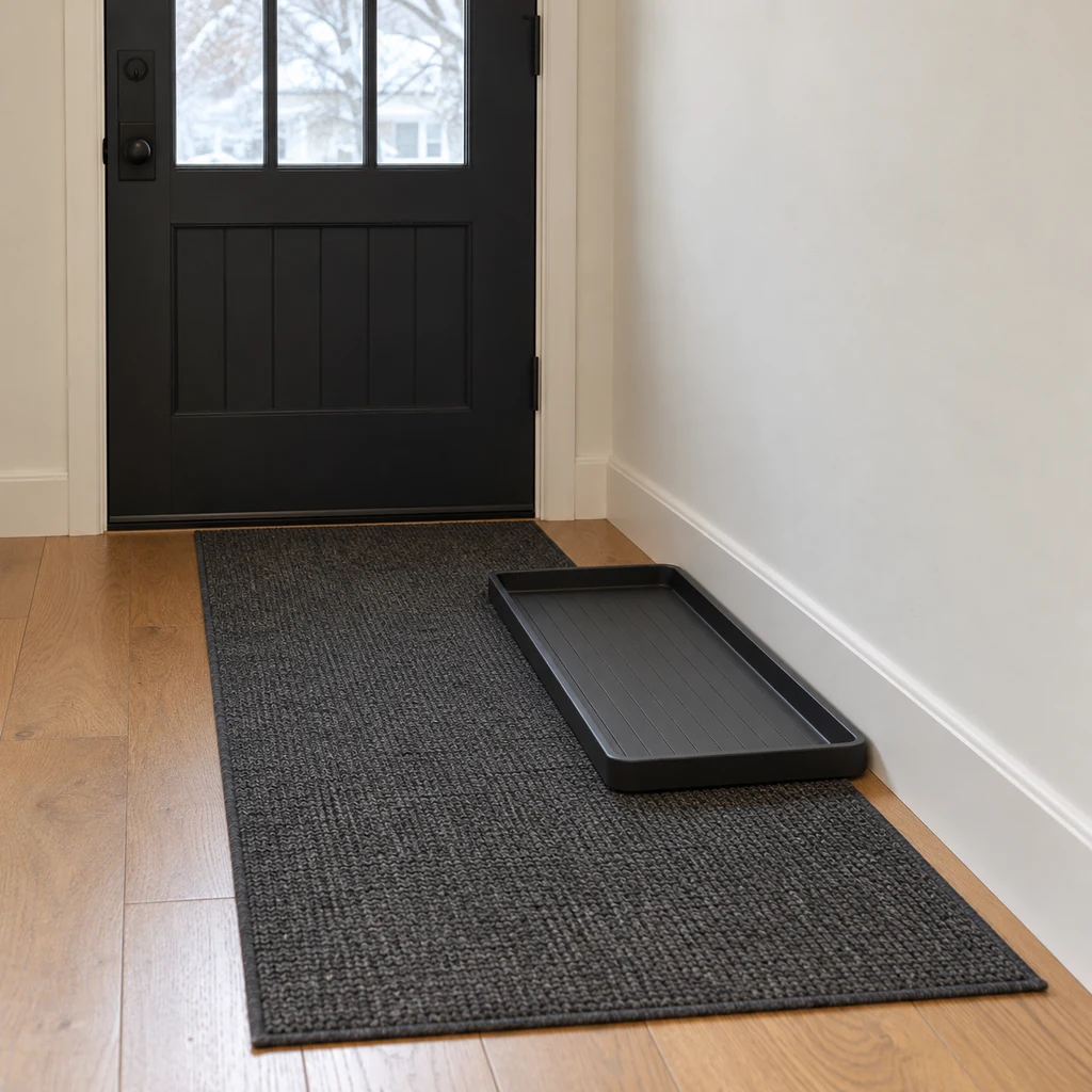 Washable dark runner with an empty raised-lip boot tray beside it along a narrow entry wall