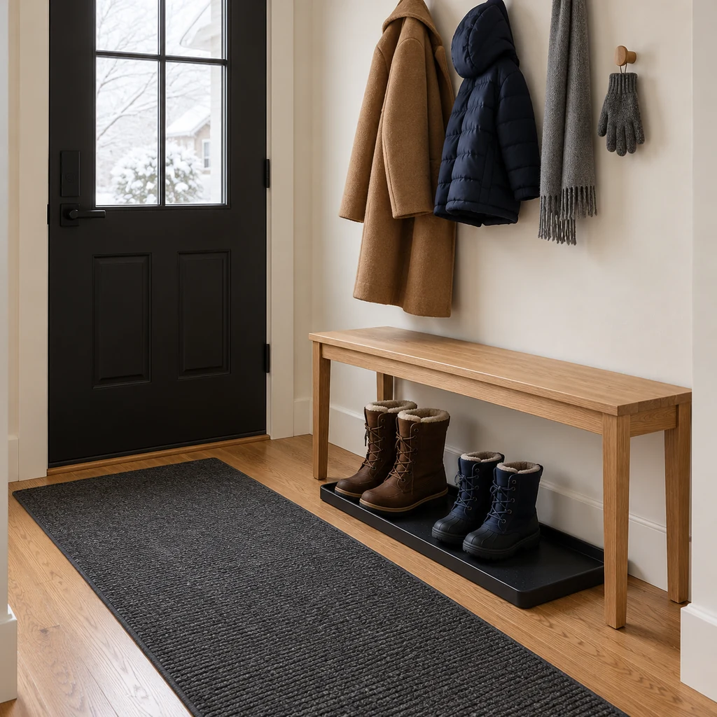 Two adult and two child winter boots standing apart on a black lipped tray under a slim bench