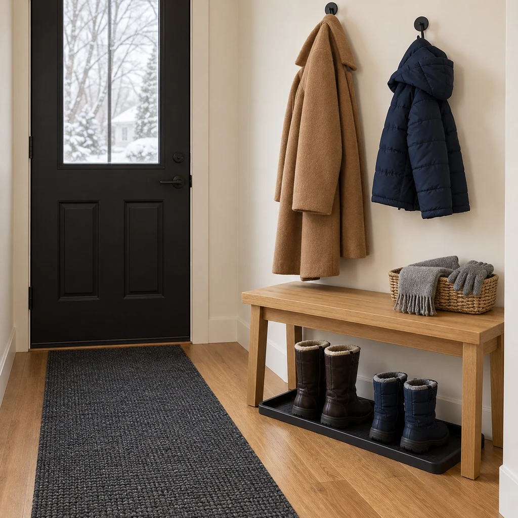 Organized narrow winter entry with two coats on hooks, dry accessories in a basket and four boots on a tray