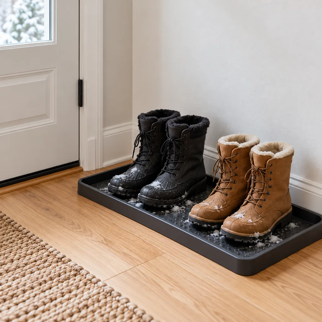 Two pairs of damp winter boots standing upright on a shallow lipped boot tray