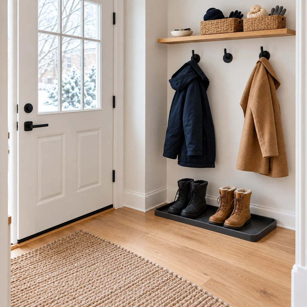 Finished small winter entryway with clear walkway, boot tray, spaced coats, and dry accessory bins