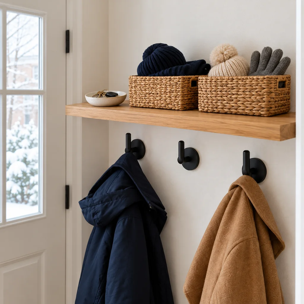 Small wall shelf with a key dish and two open bins for dry winter accessories