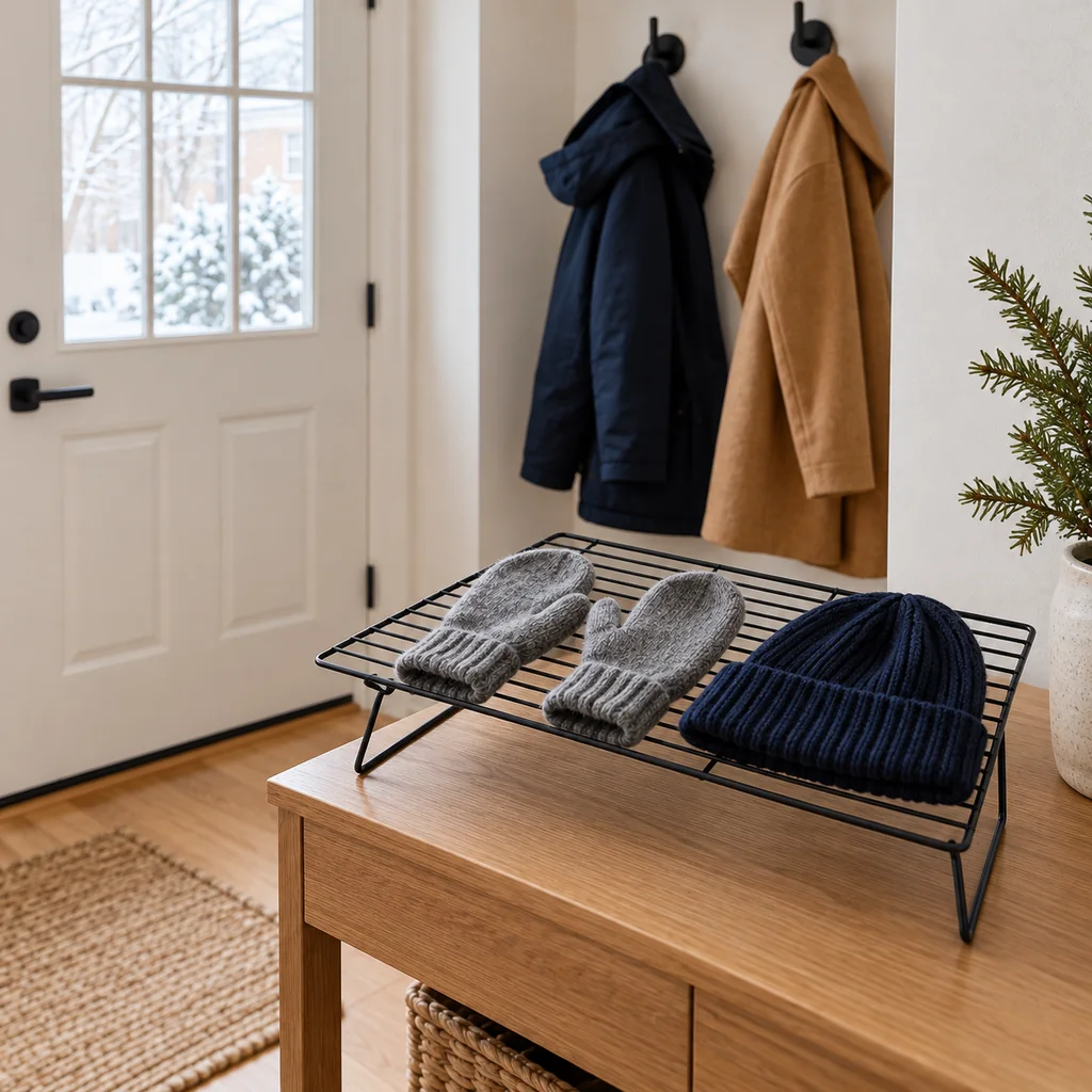 Damp mittens spread separately on an open drying rack beside the winter entryway