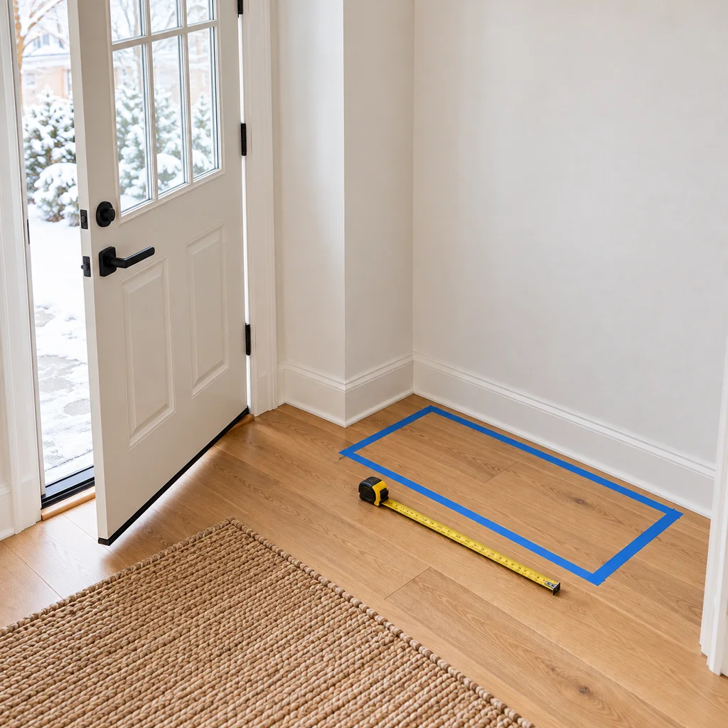 Painter's tape outlining a compact boot tray area beside a small entry door