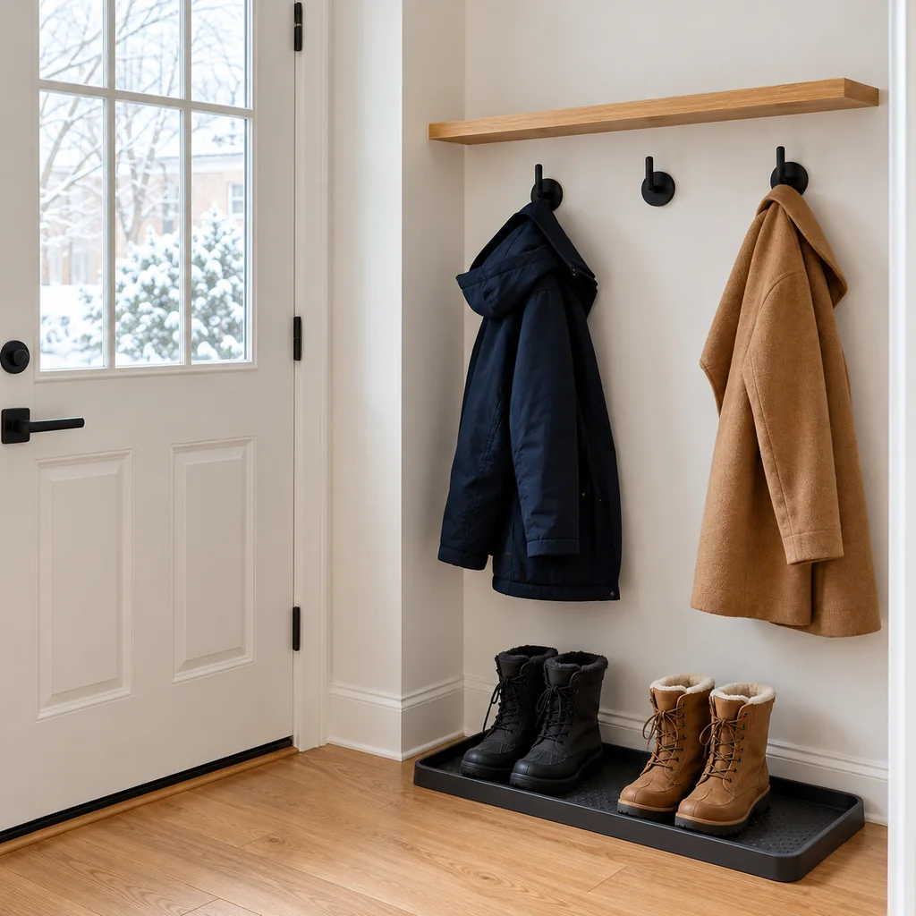 Two winter coats hung separately on sturdy black wall hooks above a boot tray