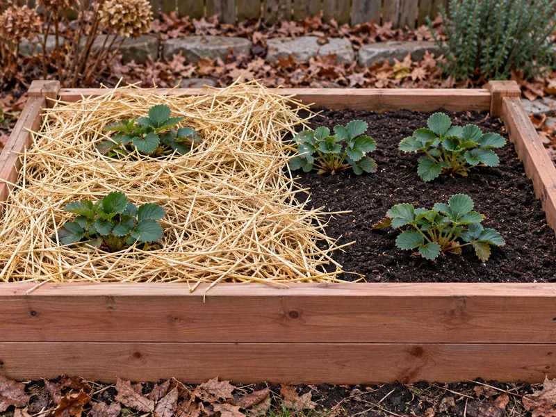 Straw being spread over part of a cedar raised strawberry bed as winter mulching begins.