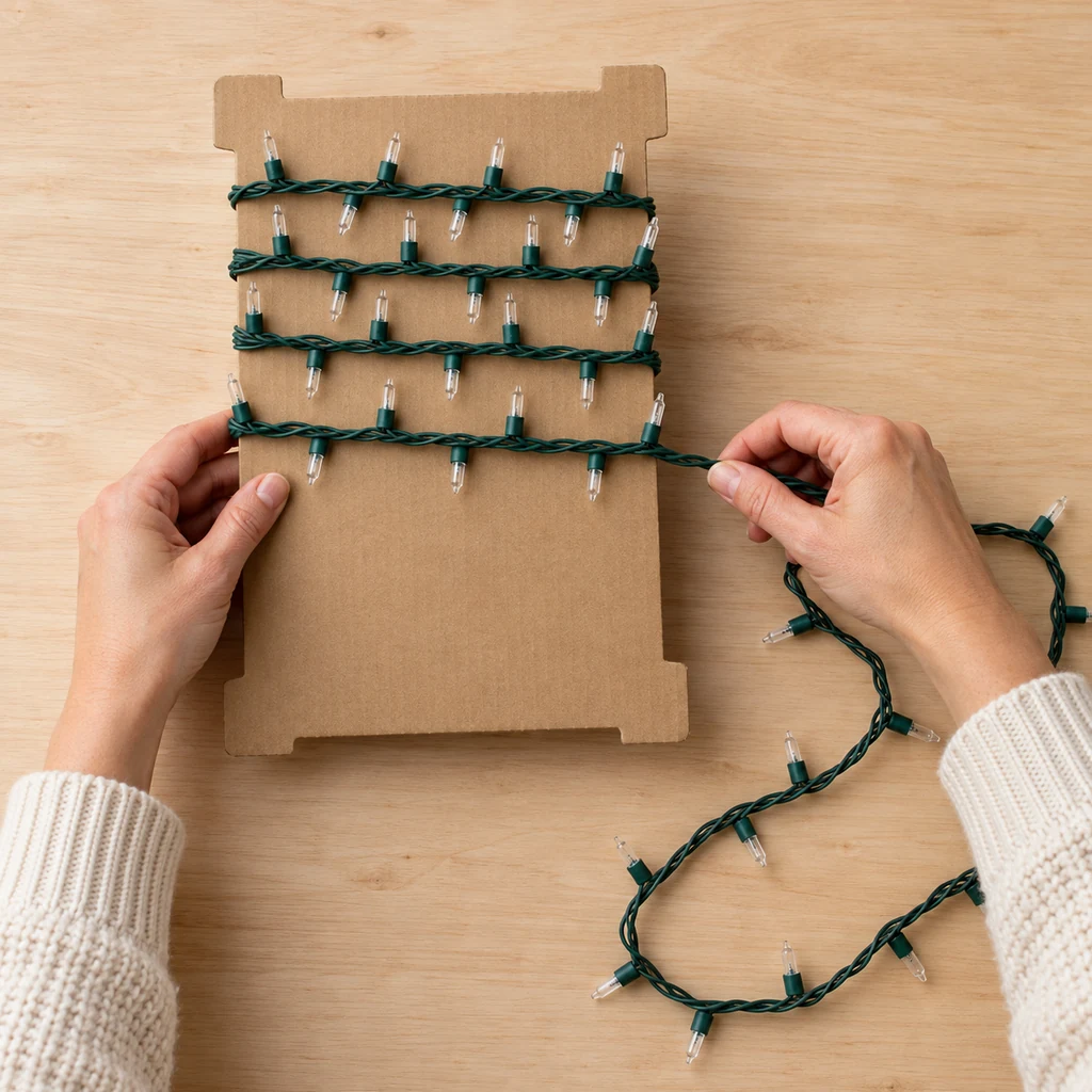 Two hands winding a green mini-light strand in even rows around a notched cardboard card