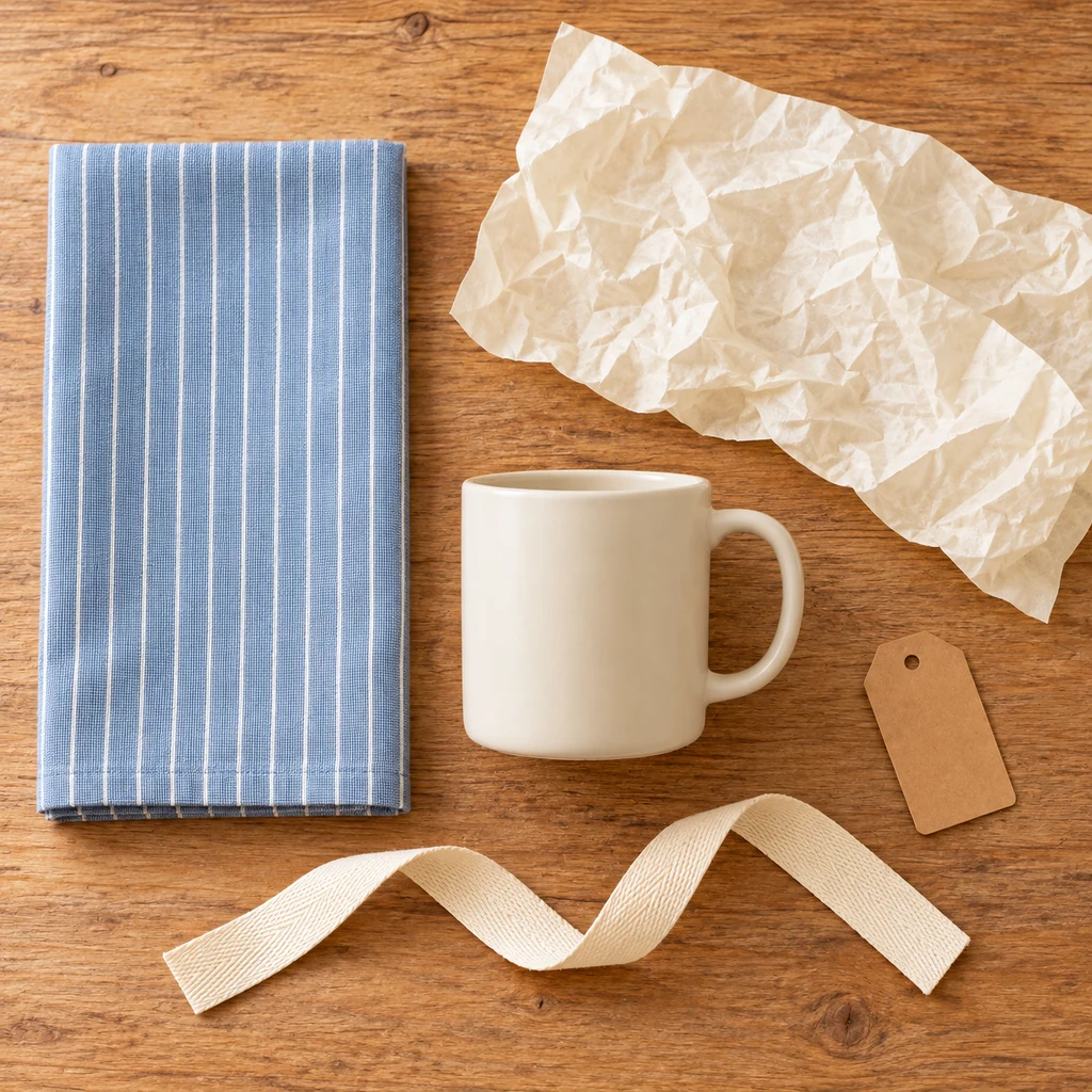 Cream ceramic mug, blue striped tea towel, cream tissue, cotton ribbon, and blank kraft tag