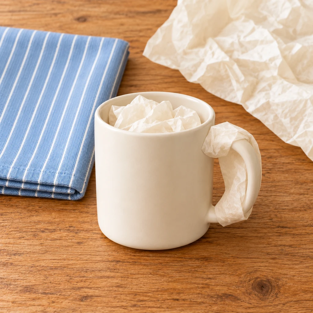 Tissue padding inside a cream mug and loosely around its handle