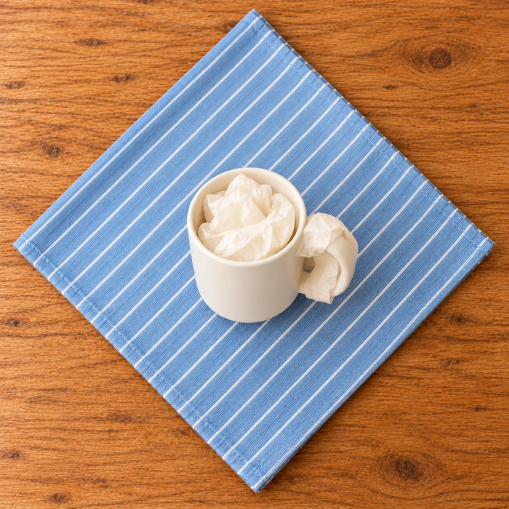 Padded mug centered upright on a blue striped tea towel folded into a square