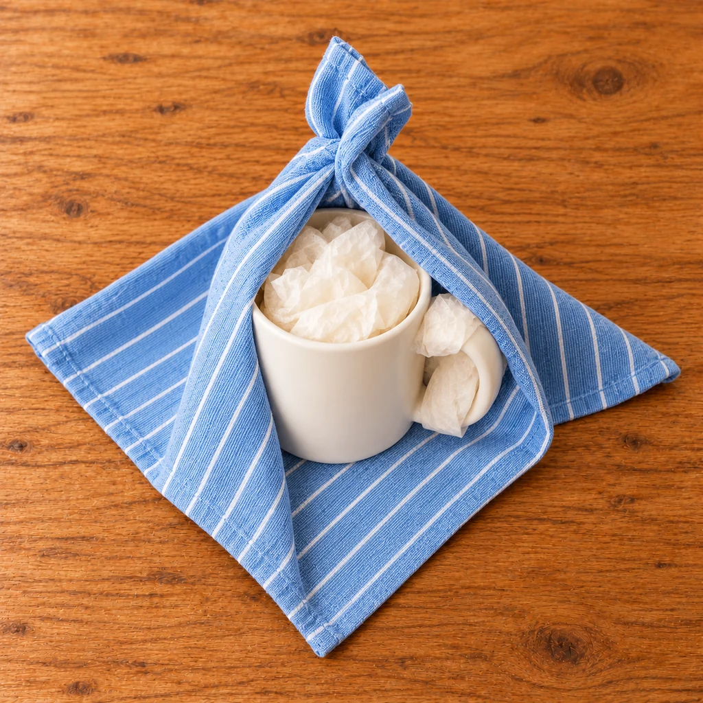 Opposite towel corners crossed above an upright mug while side corners stay open