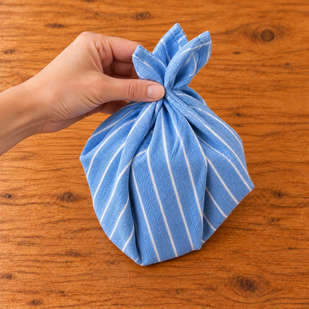 All four blue towel corners gathered above the concealed mug before tying