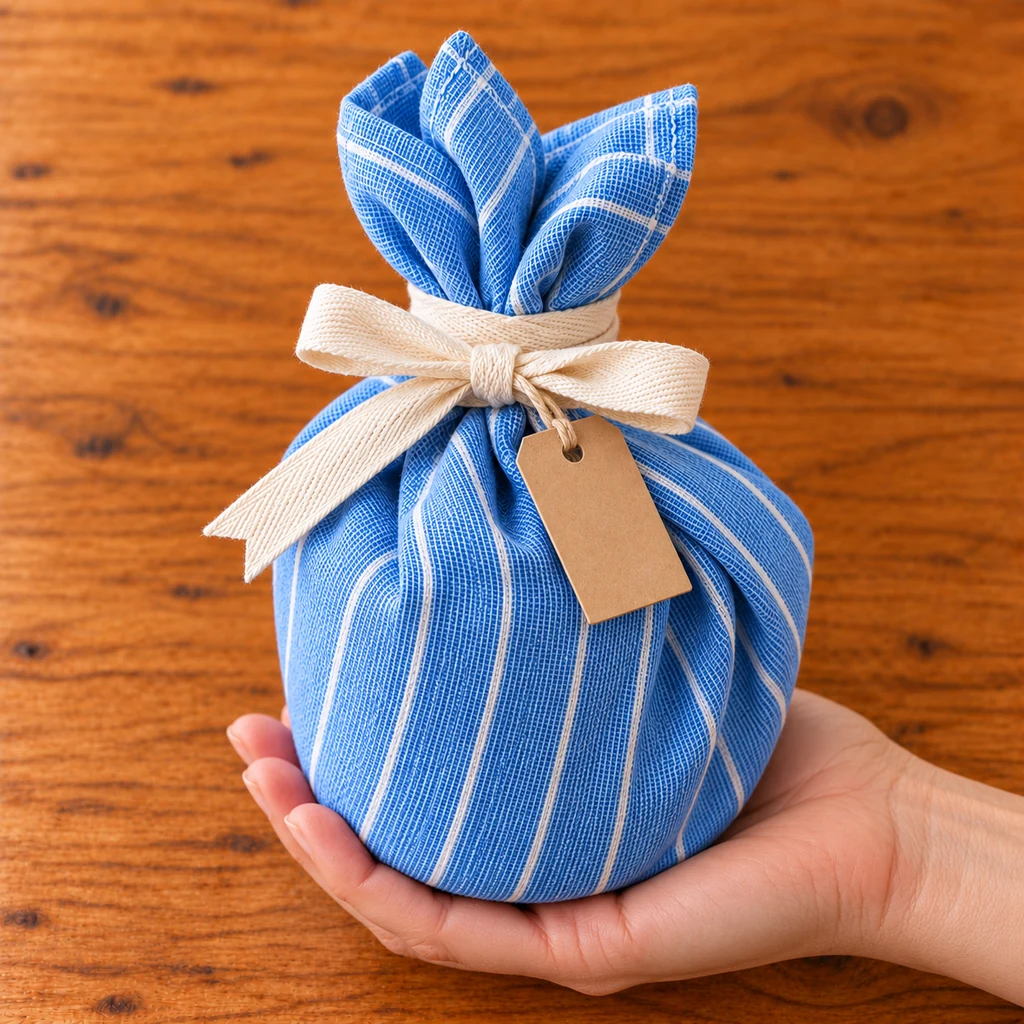 One hand supporting the flat base of a wrapped mug for hand delivery